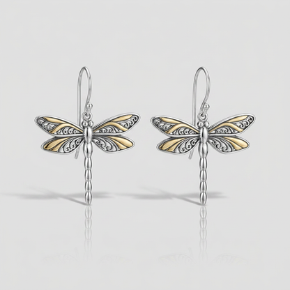 18k yellow gold and sterling silver dragonfly drop earrings, Avera Group, view 4