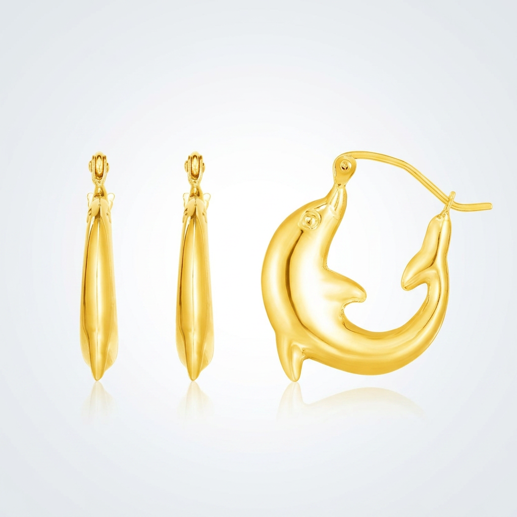 14k yellow gold dolphin hoop earrings, Avera Group, view 2