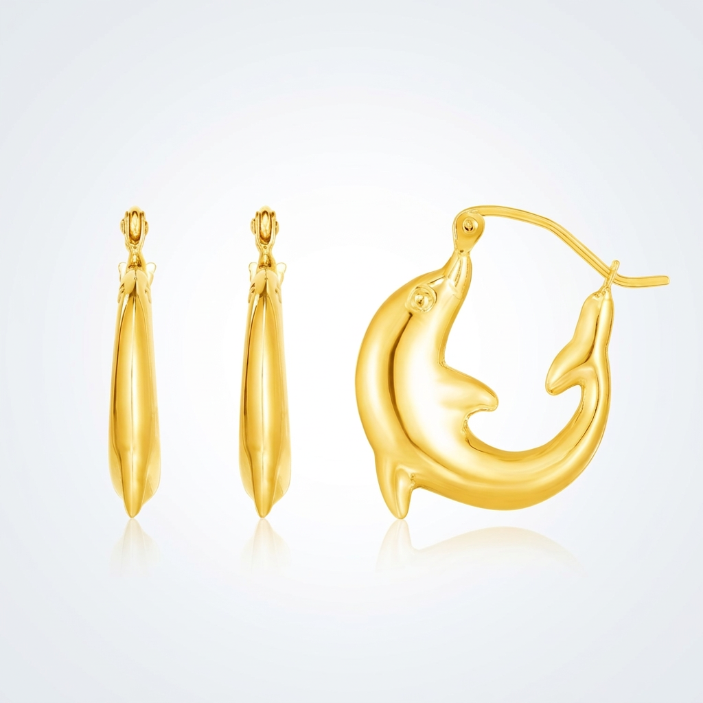 14k yellow gold dolphin hoop earrings, Avera Group, view 3
