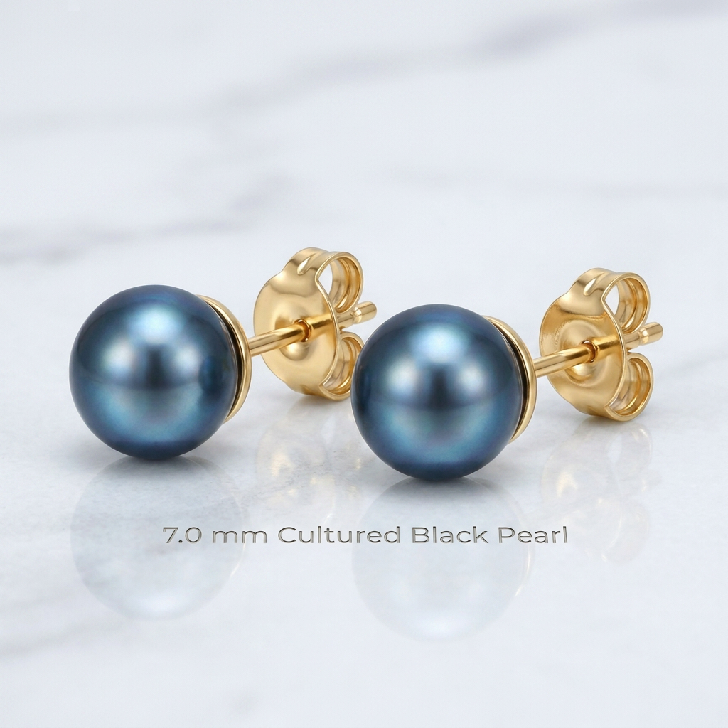 14k yellow gold cultured black pearl stud earrings, 7.0 mm, Avera Group, view 3