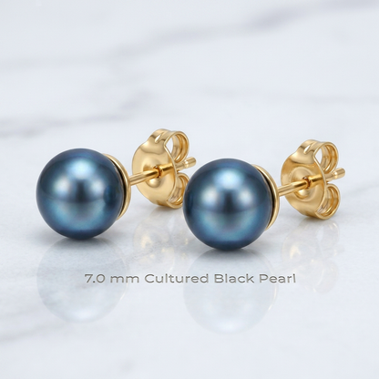 14k yellow gold cultured black pearl stud earrings, 7.0 mm, Avera Group, view 3
