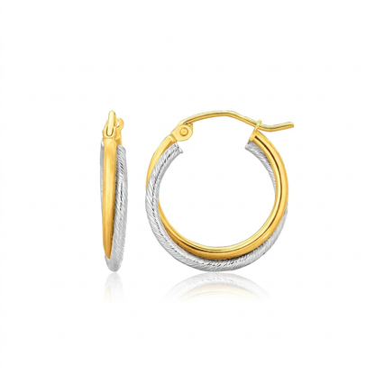 14k two-tone gold double polished and textured hoop earrings by Avera Group, view 2