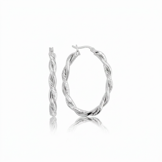 Sterling Silver Oval Hoop Braided Diamond Cut Earrings by Avera Group