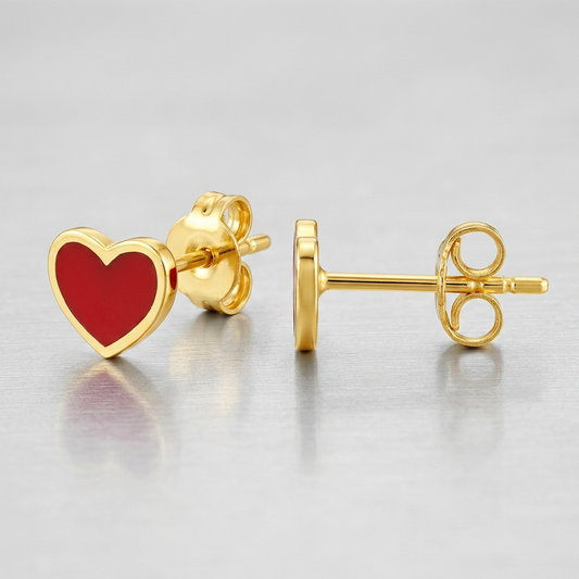 14k yellow gold and red enamel heart stud earrings, Avera Group, view 2