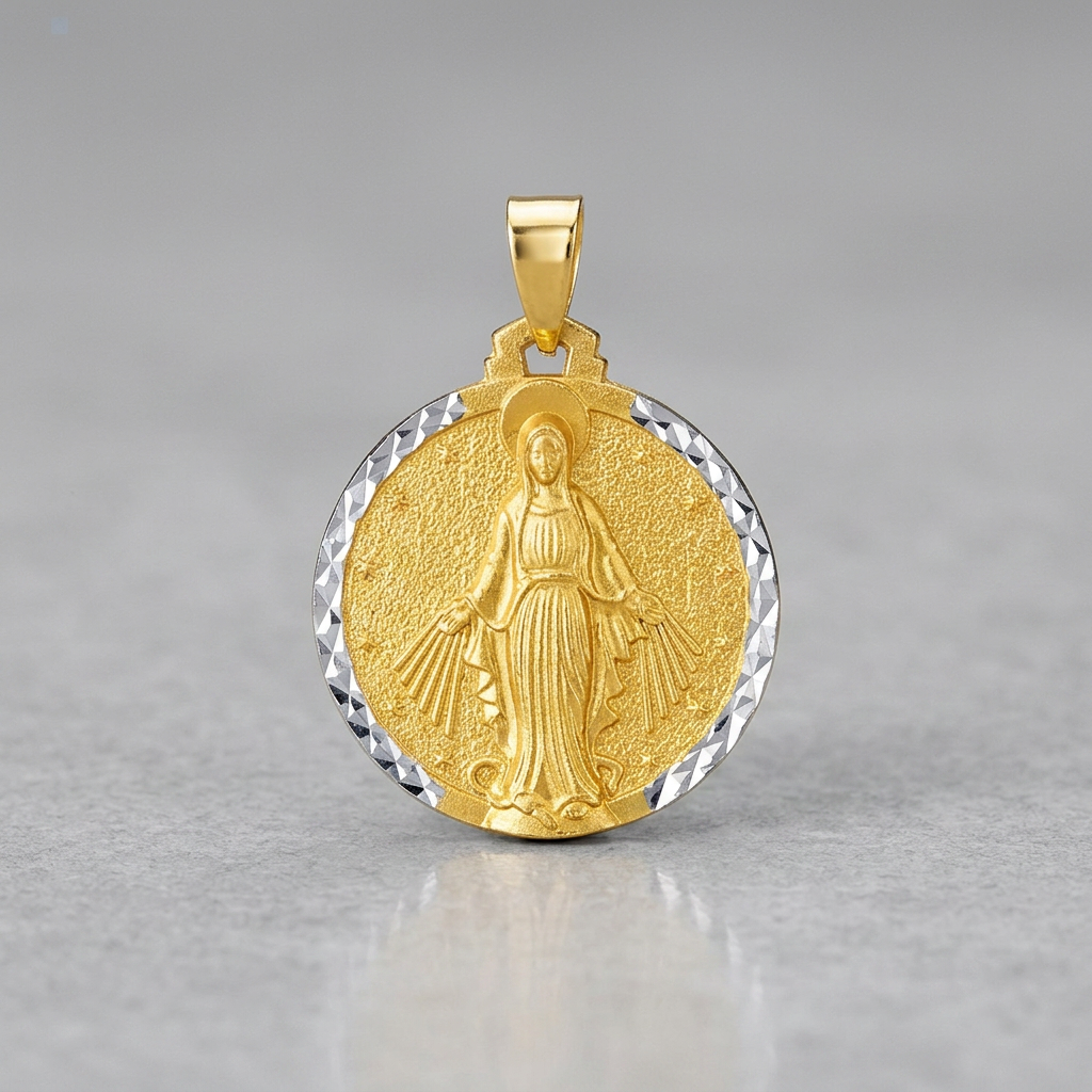 14k two-tone gold round religious medal pendant by Avera Group, view 2