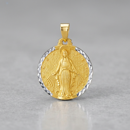 14k two-tone gold round religious medal pendant by Avera Group, view 2
