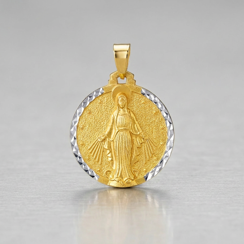 14k two-tone gold round religious medal pendant by Avera Group, view 3