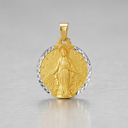 14k two-tone gold round religious medal pendant by Avera Group, view 3