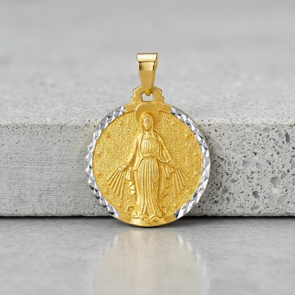 14k two-tone gold round religious medal pendant by Avera Group, view 4
