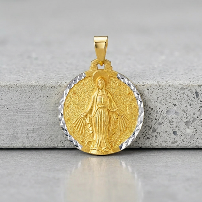 14k two-tone gold round religious medal pendant by Avera Group, view 4