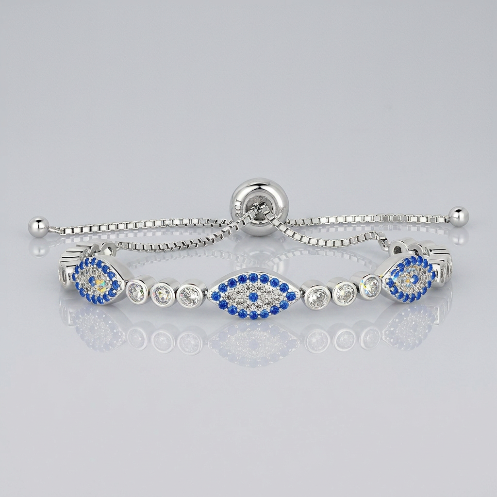 Sterling Silver Adjustable Enameled Evil Eye Bracelet with Cubic Zirconias by Avera Group