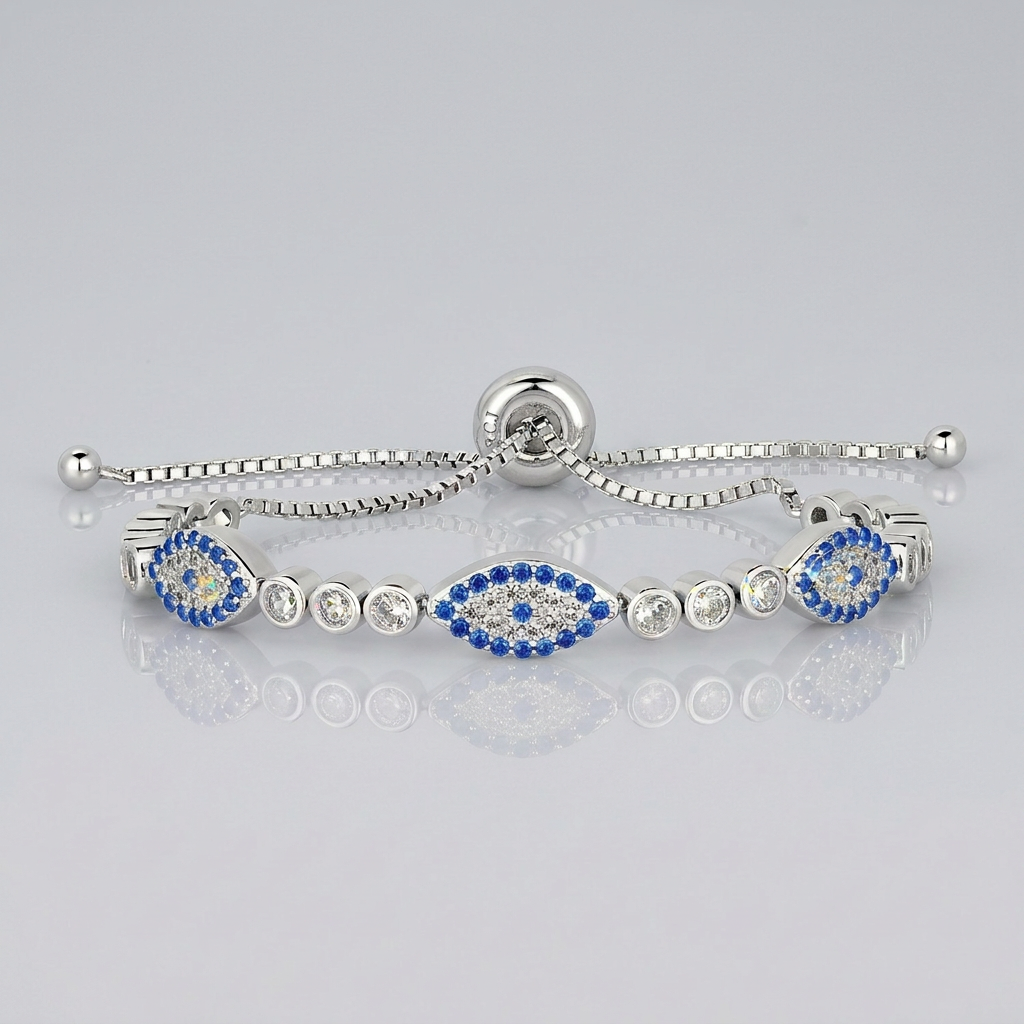 Sterling Silver Adjustable Enameled Evil Eye Bracelet with Cubic Zirconias by Avera Group