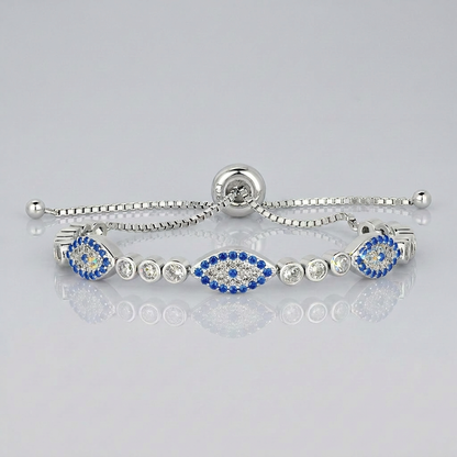 Sterling Silver Adjustable Enameled Evil Eye Bracelet with Cubic Zirconias by Avera Group