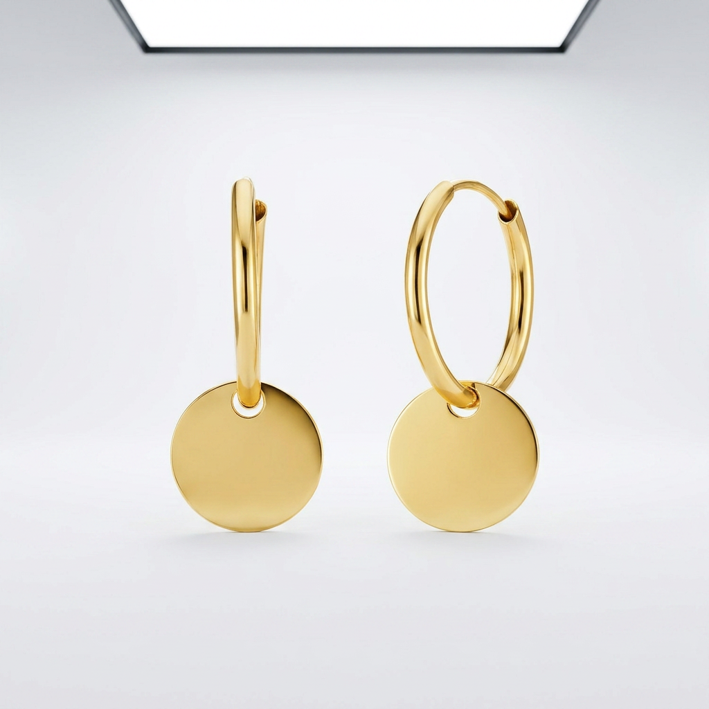 14k yellow gold huggie hoop earrings with circle drops, Avera Group, view 2