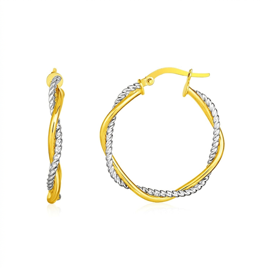 14k yellow and white gold two-part textured twisted round hoop earrings by Avera Group, view 2
