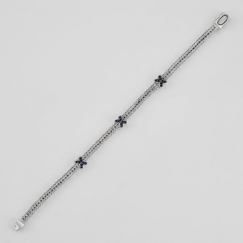 Woven Rope Bracelet with Black Sapphire X Accents in Sterling Silver by Avera Group