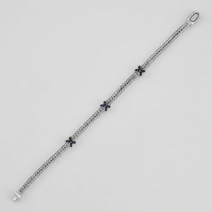 Woven Rope Bracelet with Black Sapphire X Accents in Sterling Silver by Avera Group