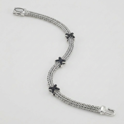 Woven Rope Bracelet with Black Sapphire X Accents in Sterling Silver by Avera Group