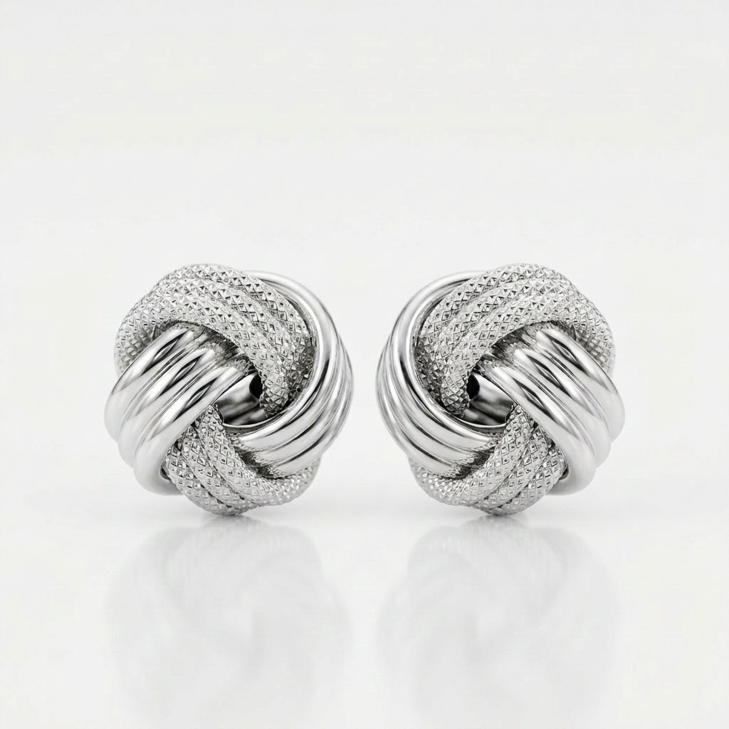 14k white gold love knot earrings with ridge texture, Avera Group, view 3