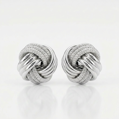 14k white gold love knot earrings with ridge texture, Avera Group, view 3