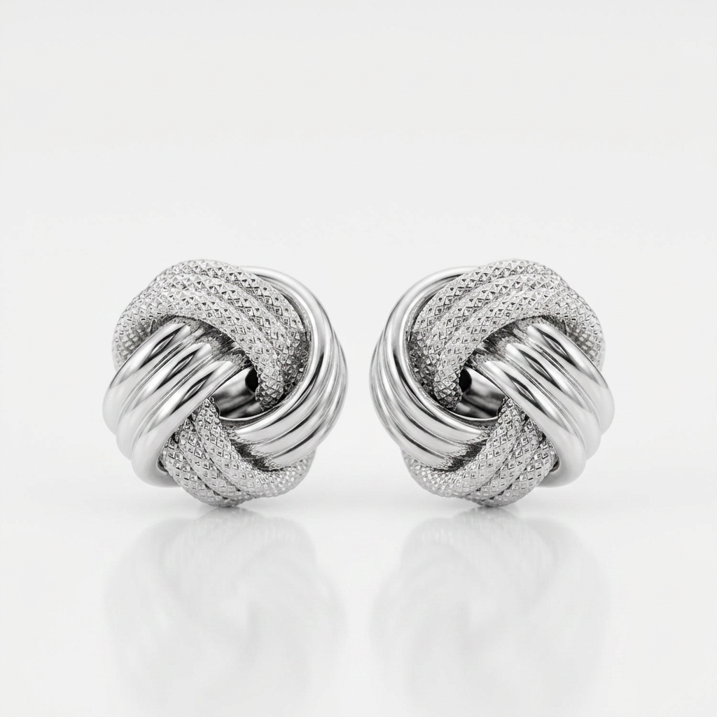 14k white gold love knot earrings with ridge texture, Avera Group, view 2