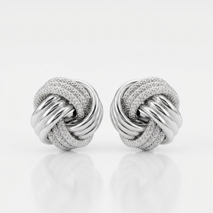 14k white gold love knot earrings with ridge texture, Avera Group, view 2