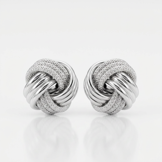 14k white gold love knot earrings with ridge texture, Avera Group, view 2