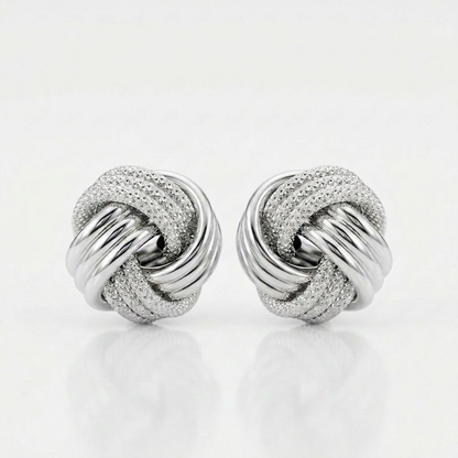 14k white gold love knot earrings with ridge texture, Avera Group, view 4
