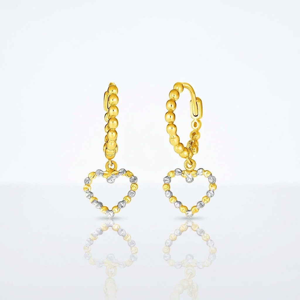 14k two-tone gold beaded hoop earrings with hearts by Avera Group, view 2