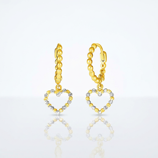 14k two-tone gold beaded hoop earrings with hearts by Avera Group, view 2
