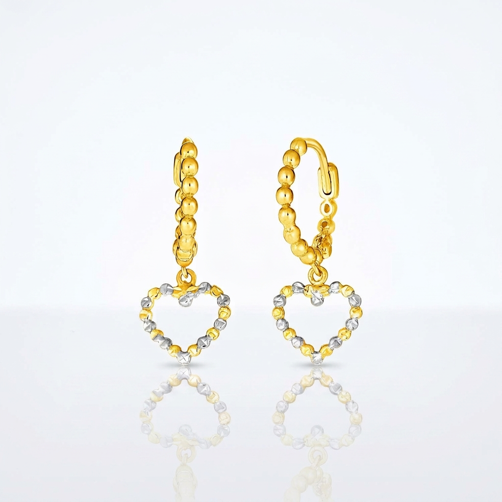 14k two-tone gold beaded hoop earrings with hearts by Avera Group, view 3