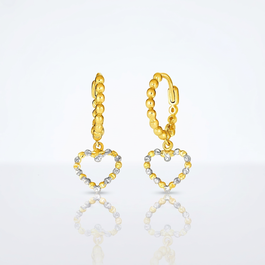 14k two-tone gold beaded hoop earrings with hearts by Avera Group, view 4