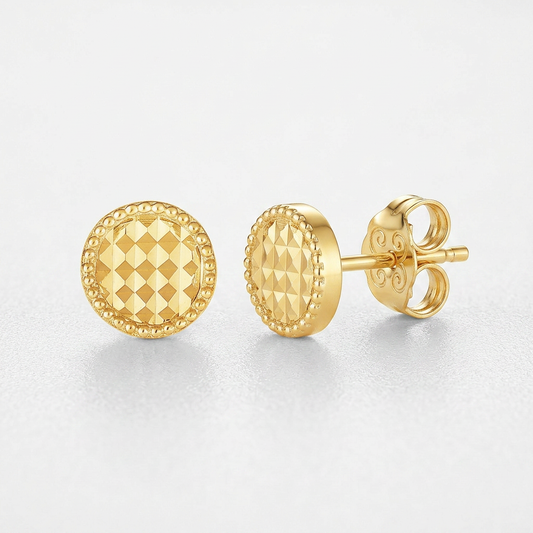 14k yellow gold textured circle post earrings, Avera Group, view 2