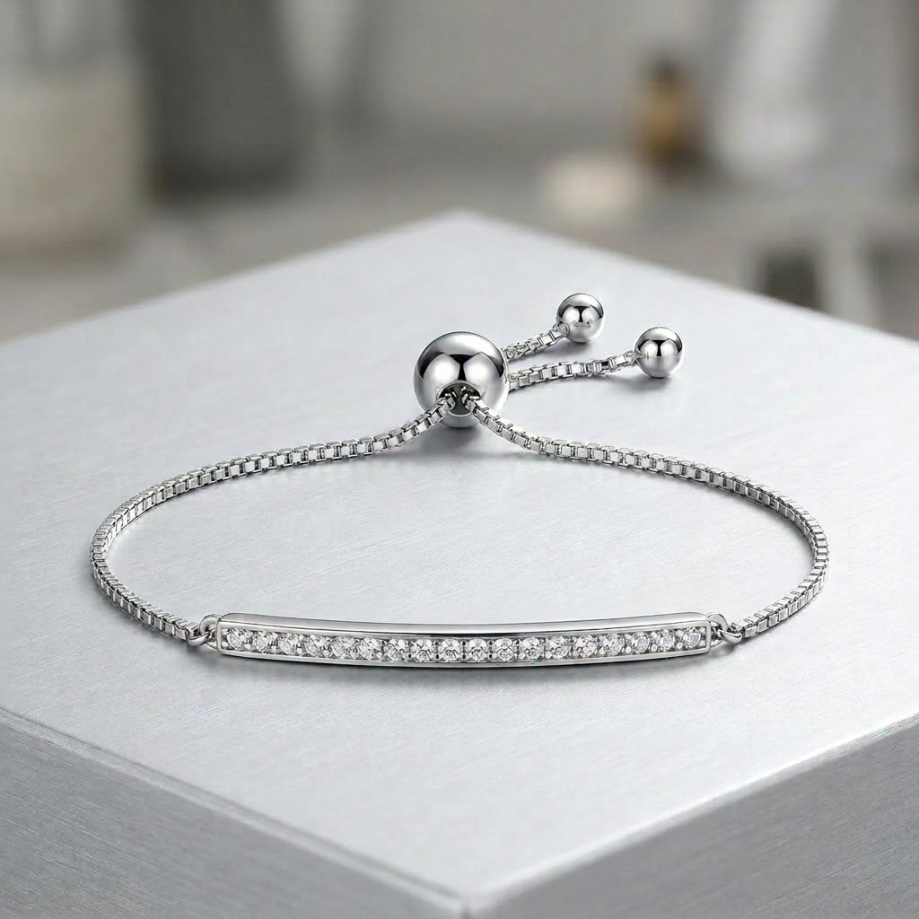 Adjustable Bar Bracelet with Cubic Zirconia in Sterling Silver by Avera Group