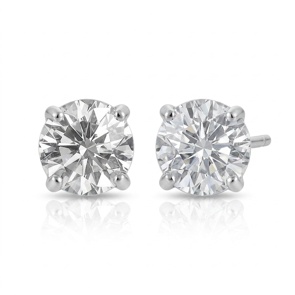 14k white gold stud earrings with faceted white cubic zirconia by Avera Group, view 2