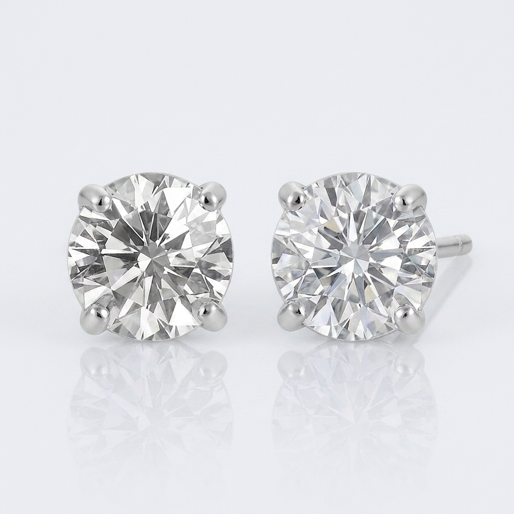 14k white gold stud earrings with faceted white cubic zirconia by Avera Group, view 3