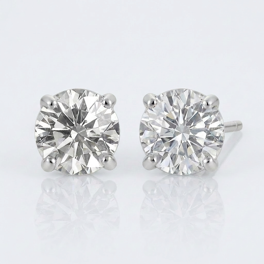14k white gold stud earrings with faceted white cubic zirconia by Avera Group, view 4