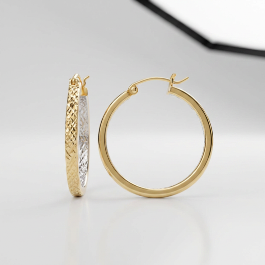 Two-Tone Yellow and White Gold Petite Patterned Hoop Earrings by Avera Group