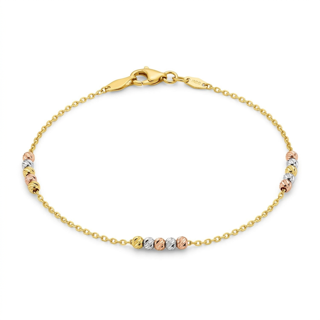 14k tri-color gold anklet with textured beads by Avera Group, view 2