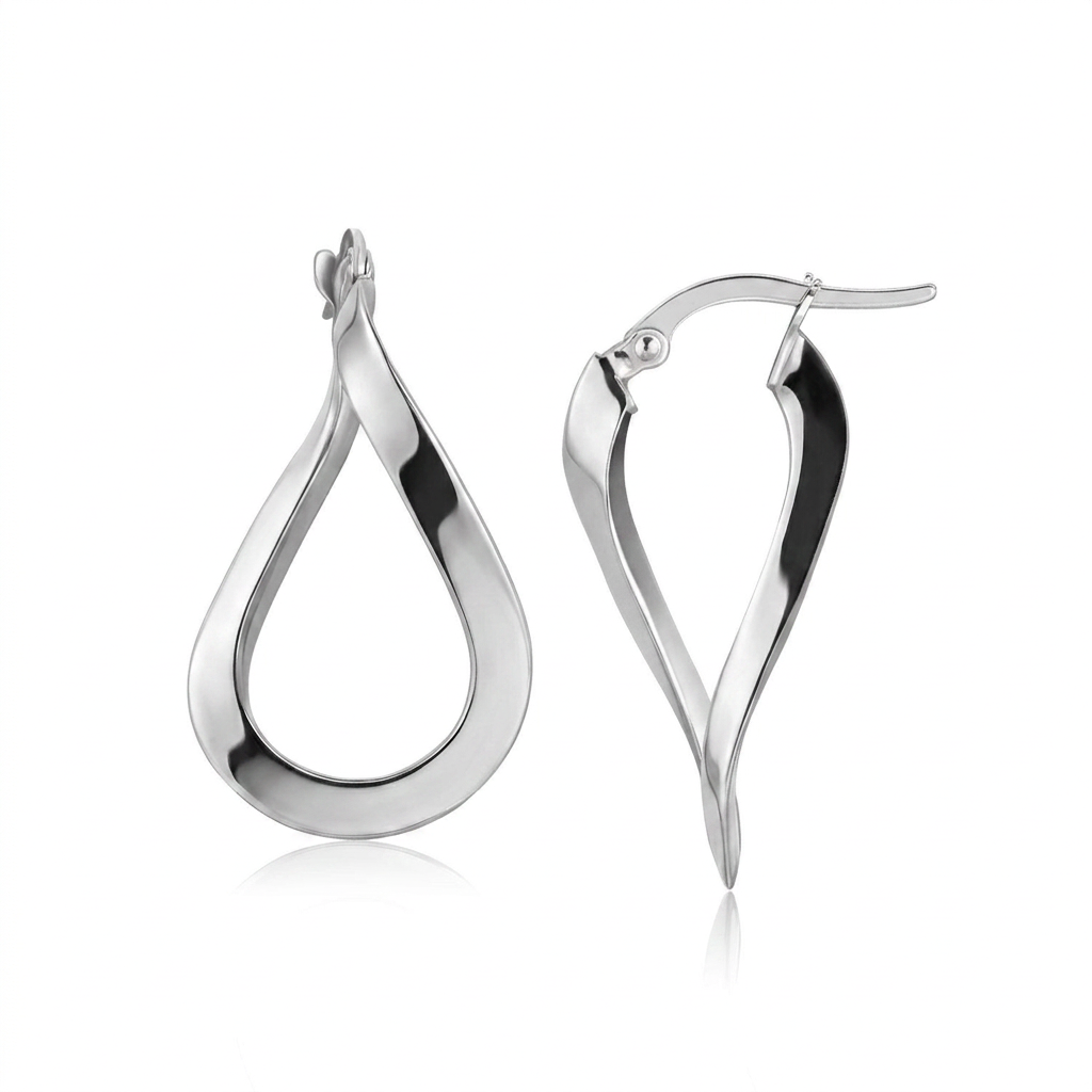 14k white gold twisted freeform hoop earrings by Avera Group, view 2