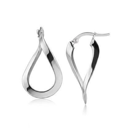 14k white gold twisted freeform hoop earrings by Avera Group, view 2