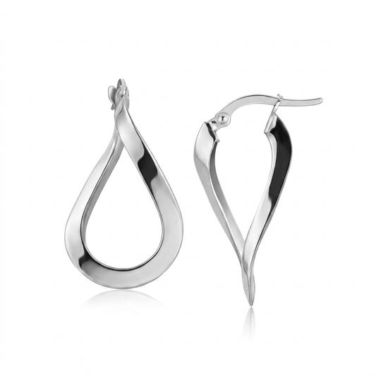 14k white gold twisted freeform hoop earrings by Avera Group, view 2