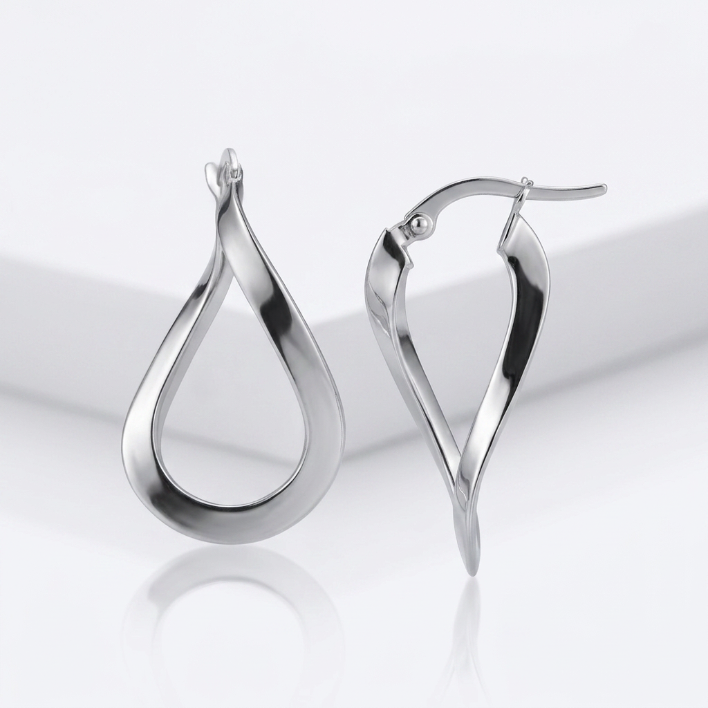 14k white gold twisted freeform hoop earrings by Avera Group, view 3
