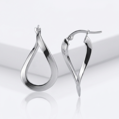 14k white gold twisted freeform hoop earrings by Avera Group, view 3