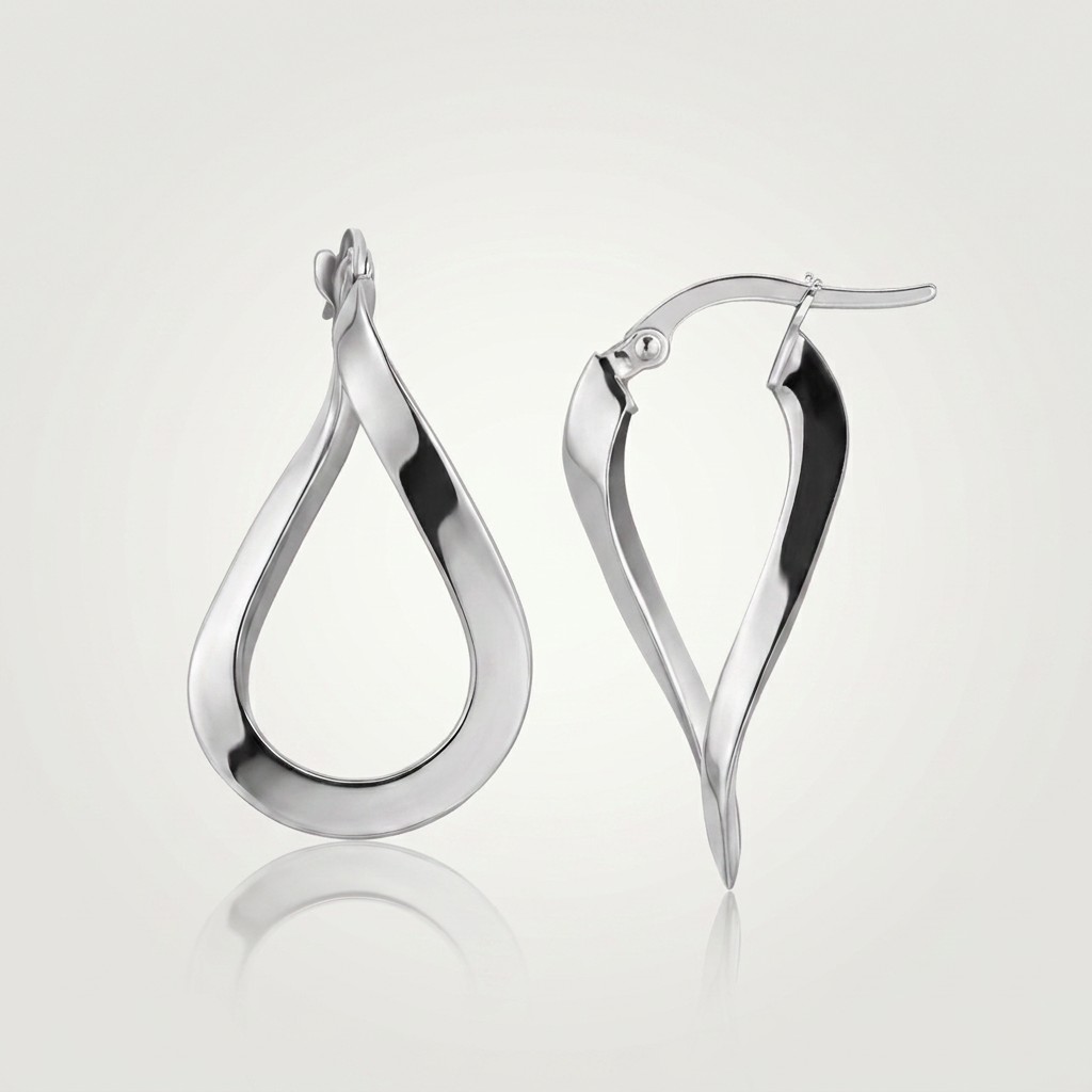 14k white gold twisted freeform hoop earrings by Avera Group, view 4