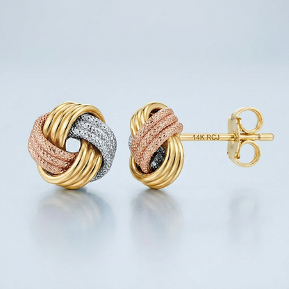 Love Knot Post Earrings in 14k Tri Color Gold by Avera Group