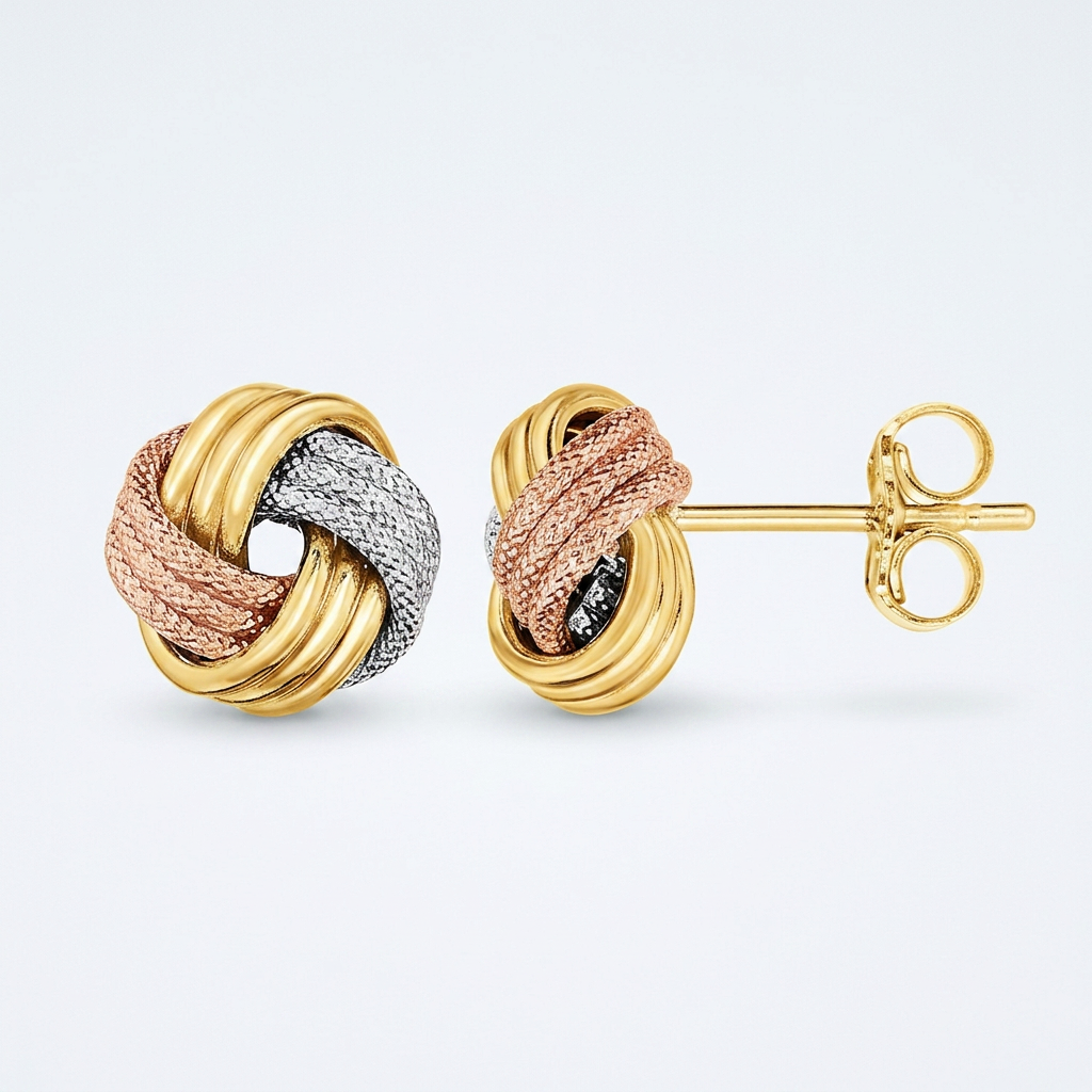 Love Knot Post Earrings in 14k Tri Color Gold by Avera Group