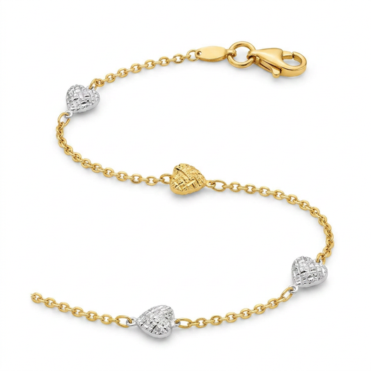 14k two-tone gold anklet with textured hearts by Avera Group, view 2