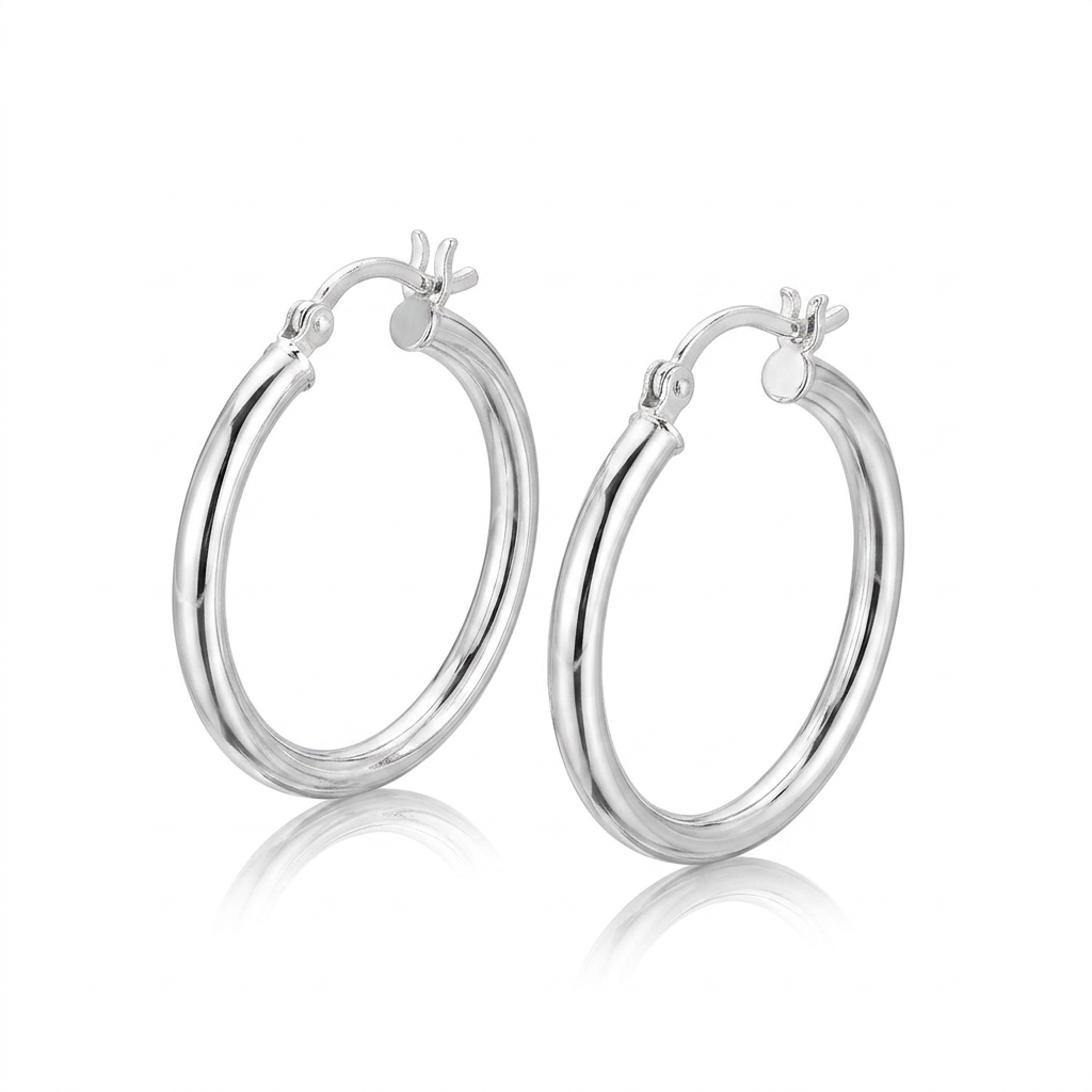 Sterling Silver Rhodium Plated Polished Look Hoop Earrings (25mm) by Avera Group
