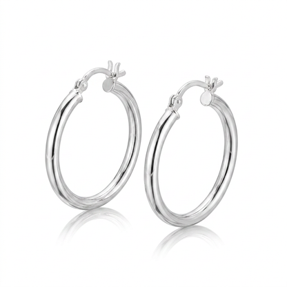 Sterling Silver Rhodium Plated Polished Look Hoop Earrings (25mm) by Avera Group